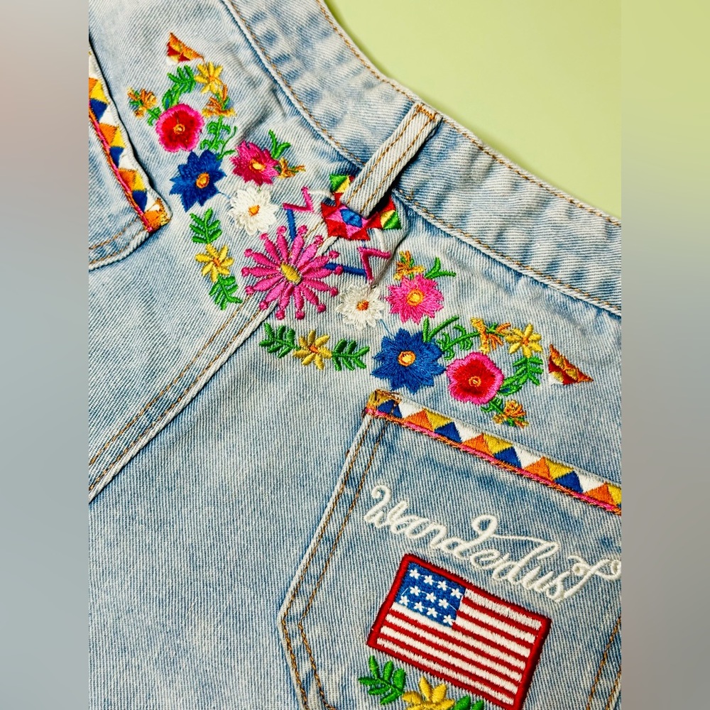 EUC Spell & The Gypsy Light Blue Wanderlust Embroidered Denim Shorts w/ Raw Hem - Picture 8 of 12